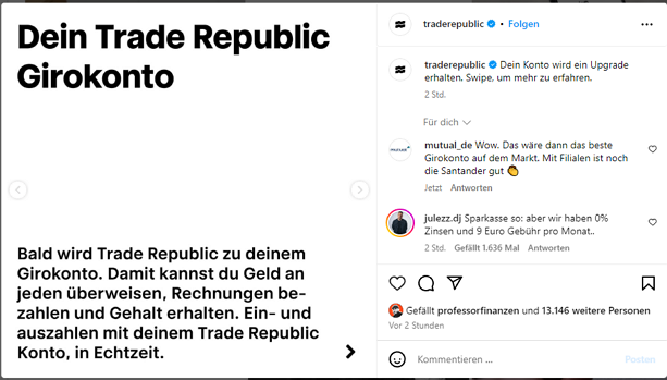 Ankündigung Girokonto Trade Republic Instagram