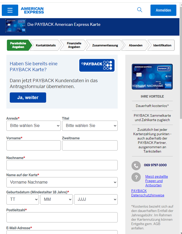 Online Formular Beantragung Amex Payback