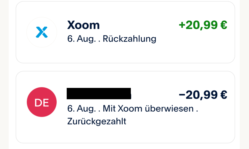 Xoom Erfahrung, erfolgreiche Rückzahlung