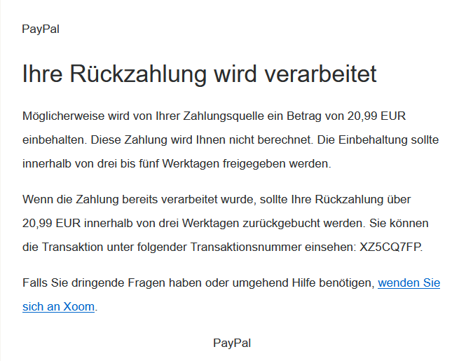 Mail von PayPal zur Bearbeitung der Rückzahlung