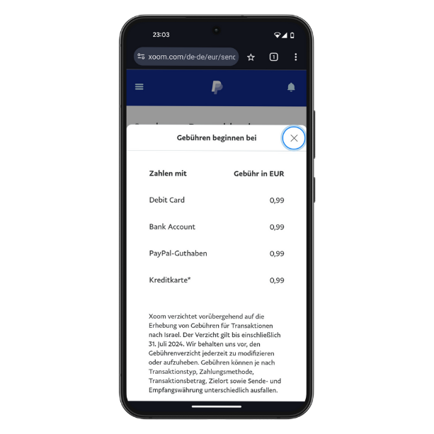 Xoom Erfahrung Debitüberweisung Gebühr
