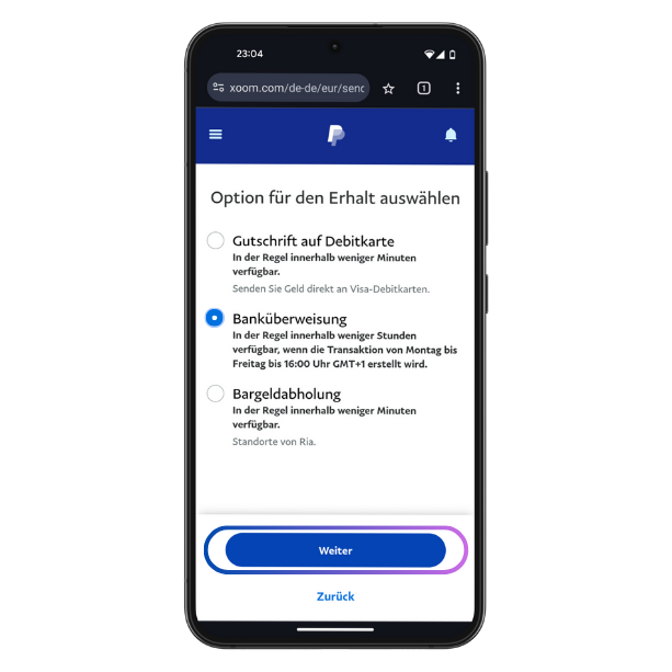 Xoom Erfahrung Option für Bankkonto-Überweisung auswählen