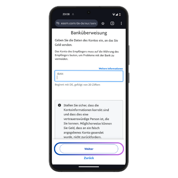 Xoom Erfahrung IBAN für Bankkonto-Überweisung angeben